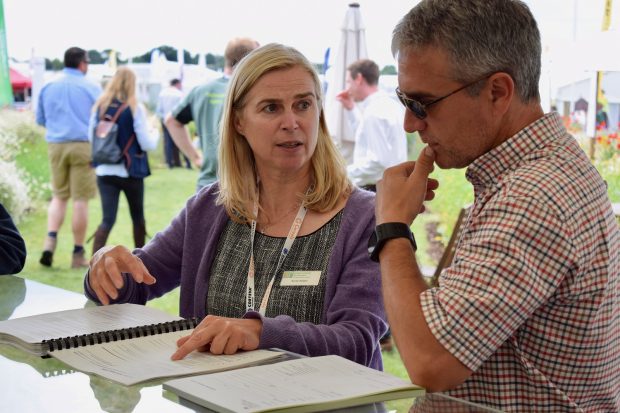 Catchment Sensitive Farming Officer Bunty Wright explain Countryside Stewardship options to farmers at Cereals.