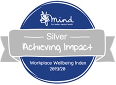 An image of the Silver Award logo the text reads: Mind silvre achieving impact workplace wellbing index 2019/20