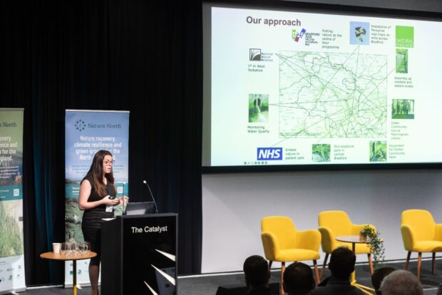 Image shows Dr Rachel Palfrey, Senior Adviser, Natural England. She is stood at the front of a conference hall, speaking at a podium. There are empty yellow chairs to her left and a large projector screen displaying a presentation above her. 