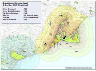 Image showing Impact Risk Zones around Dungeness, Romney Marsh and Rye Bay SSSI, SPA and SAC to demonstrate how we create the SSSI IRZs