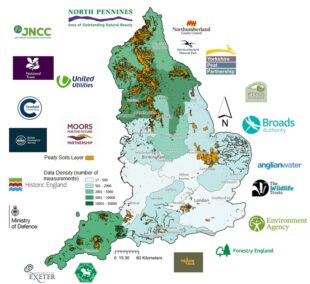 A map of England, coloured in different shades of green and blue to indicate the density of data available for the England Peat Map. Peaty soils are shown with orange shading. Surrounding the map are the logos and some of the 27 organisations that have contributed data to the map. These are also listed in the acknowledgements at the end of this article.