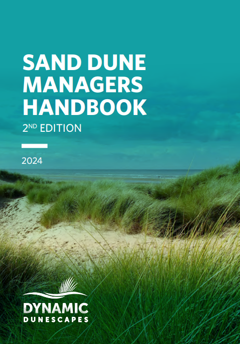 Image shows the handbook cover, with an image of a sand dune set at the bottom. The text reads: 

Sand Dune Managers Handbook 