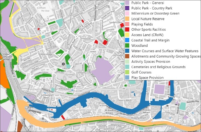 Image shows a view of the green and blue infrastructure across an area of Bristol, from the Green Infrastructure Map