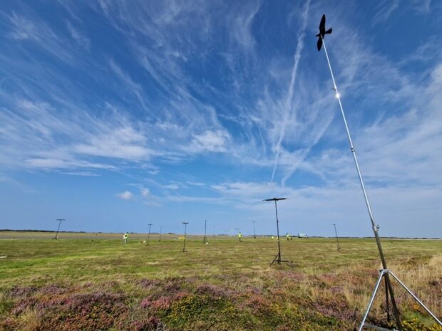 A view of the target posts set-up either side of the runway at Predannack airfield, Cornwall