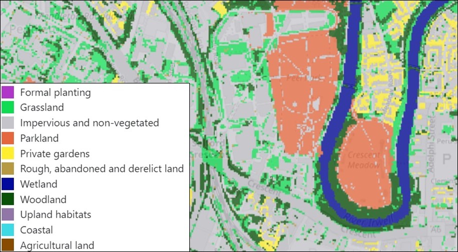 Image shows the new urban habitat map layer, over an area of Salford, Greater Manchester