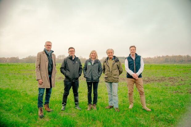 On-site at the Green Earth Allwood Farm Biodiversity Habitat Bank, from left, Northstone Development Director Jon England; Mayor Andy Burnham; Natural England Chief Executive Marian Spain; Natural England Chair Tony Juniper; and Green Earth Developments Co-chair Simon Towers