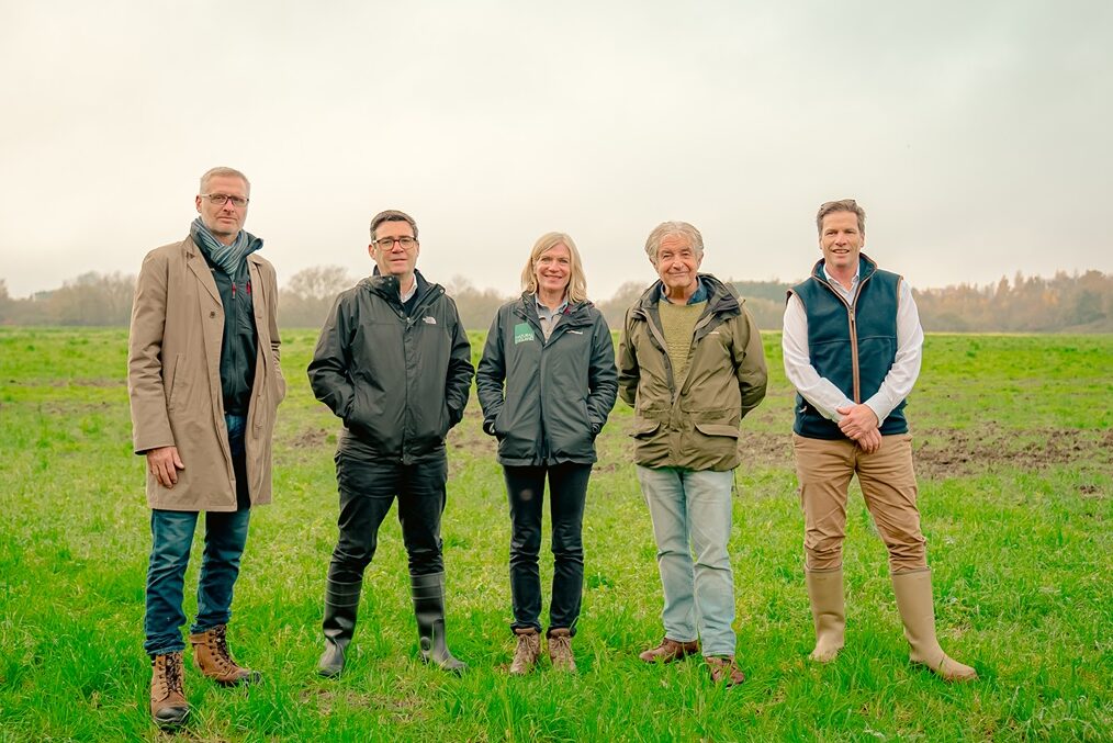 On-site at the Green Earth Allwood Farm Biodiversity Habitat Bank, from left, Northstone Development Director Jon England; Mayor Andy Burnham; Natural England Chief Executive Marian Spain; Natural England Chair Tony Juniper; and Green Earth Developments Co-chair Simon Towers