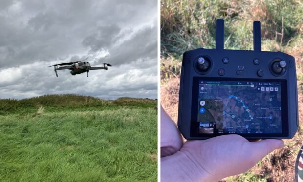 Two images: on the left is a drone, and on the right is the drone control with data the drone is capturing on a screen