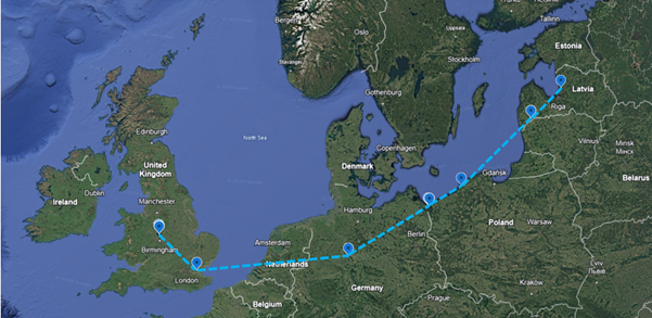 Map showing the Jack Snipe’s approximate migration from Staffordshire to Latvia and where it stopped on the way