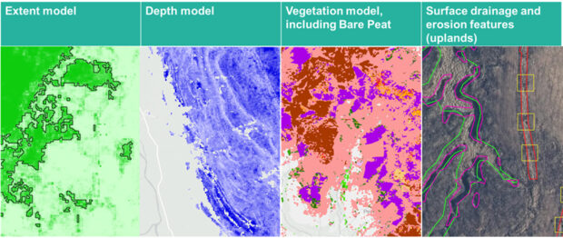 Samples from England Peat Map’s interim outputs, showing extent, depth, and vegetation coverage, alongside surface feature mapping by the AI4peat project