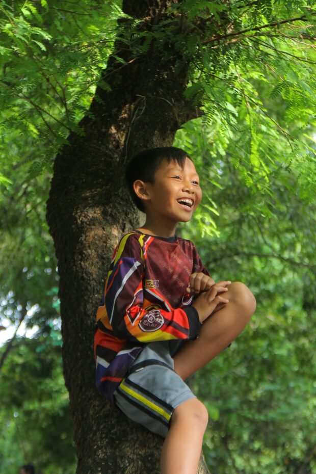 A young boy sitting on the branch of a tree. He is wearing bright colours and smiling/laughing. © Pexels/ Eky-Rima-Nurya-Ganda