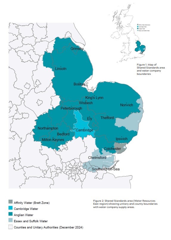 Map showing the Shared Standards area and water company boundaries (© Water Resources East)