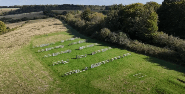 Overhead shot showing the field containing the practice gates used for training. A still from the film.