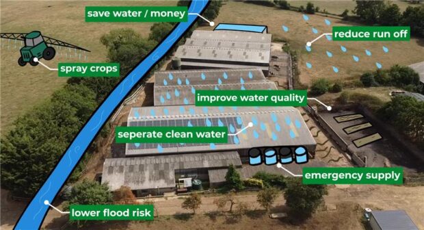 The other benefits rainwater harvesting can bring to a farm. Overhead view of a farm with the above bullet points overlayed in graphics.