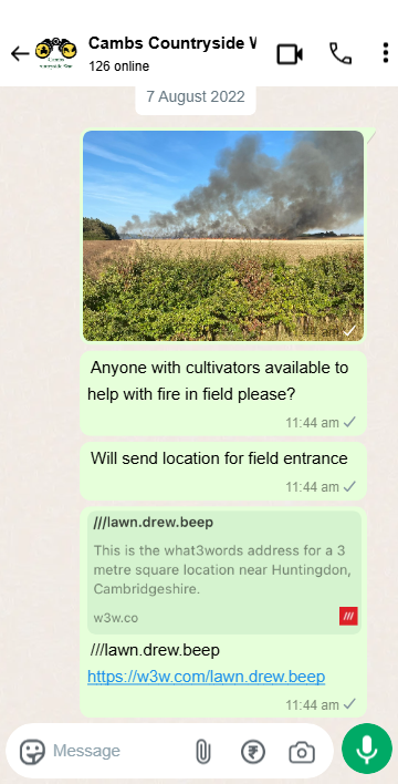 Example WhatsApp screenshot of Stacey’s message to Cambridgeshire Countryside Watch. Texts read: "Anyone with cultivators available to help with fire in field please? Will send location for field entrance"