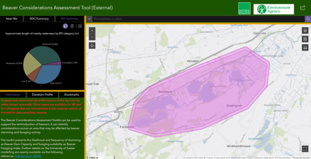 Figure 2. Using the Beaver Considerations Assessment Toolkit (BCAT) to explore whether an area of interest within England has preferred beaver foraging habitat.