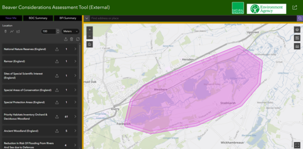 Figure 1. A user-drawn area of interest, displaying the considerations present within the area. The flagged considerations can be visualised in the table and exported for offline use.
