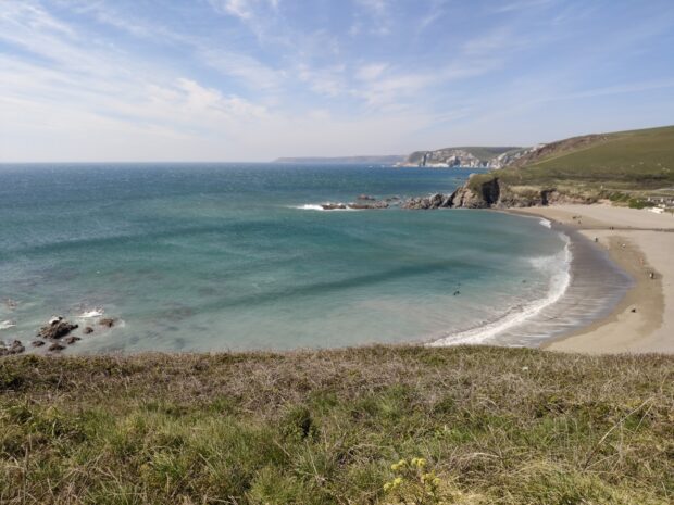 Picture of a bay taken from some grassy dunes overlooking the beach.