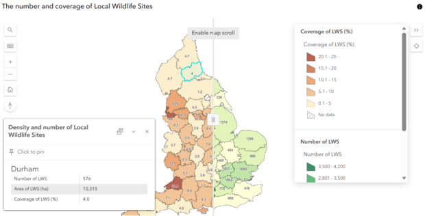 A screenshot showing maps available on the hub, including the % coverage and number of LWS by area.